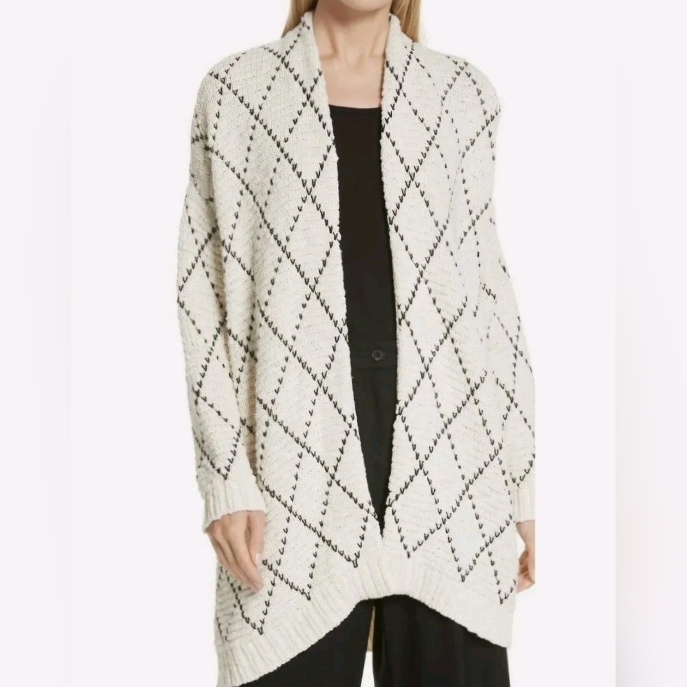 Eileen Fisher Organic Cotton Oversized  Kimono Cardigan Ivory Black, Size XS